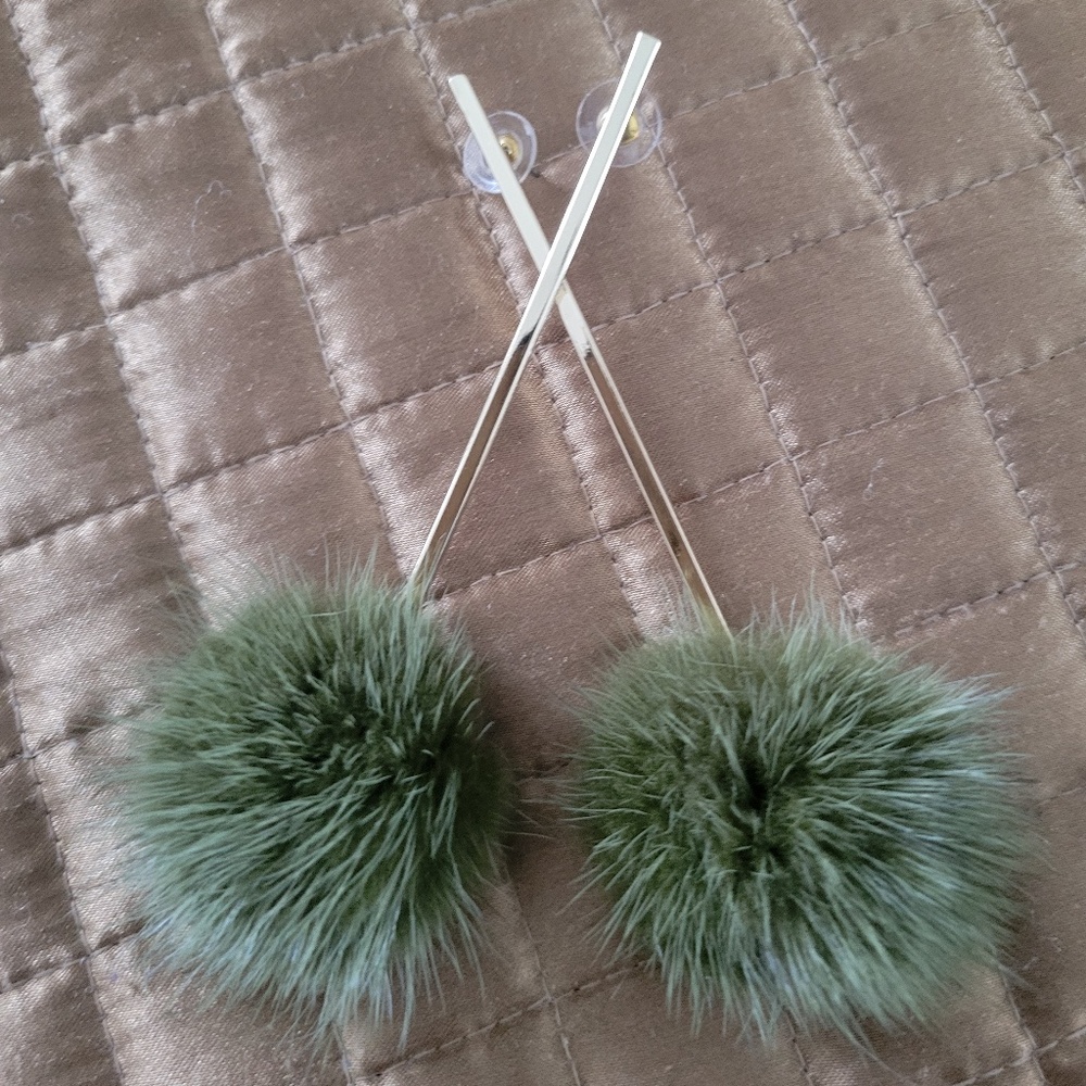Genuine Sage  Mink Pom Pom Ball Dangle Earrings ~ Nature Meets Elegance